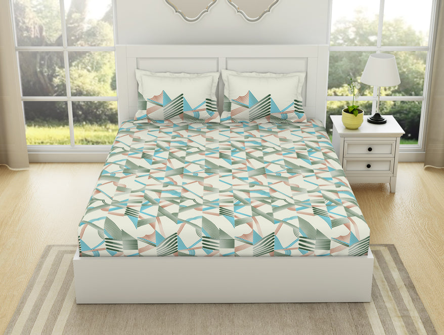 Spaces India Geometric Whisper Green - White 100% Cotton King Fitted Sheet - Geospace By Spaces