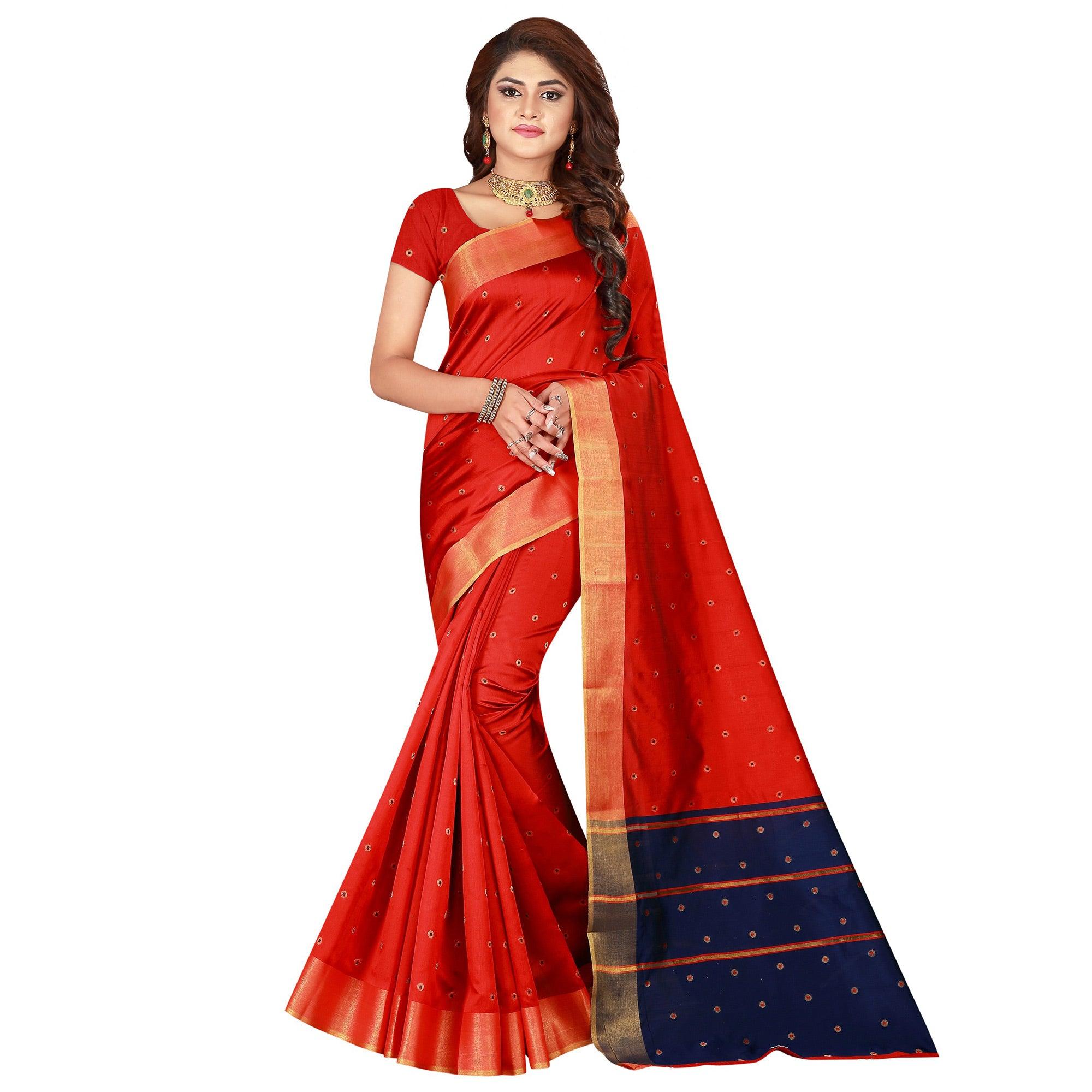 Peachmode Charming Red Colored Festive Wear Woven Cotton Silk Saree