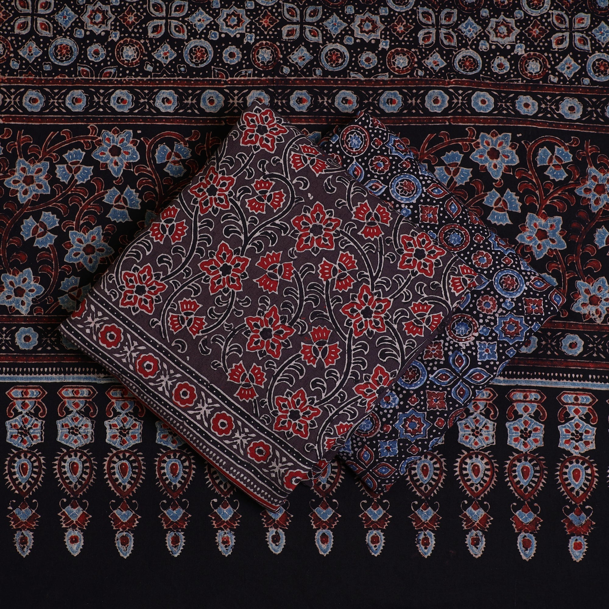 AJRAKH BY JABBAR KHATRI Brown - Kutch Block Print Cotton 3pc Ajrakh Dress Material 01 - view 2