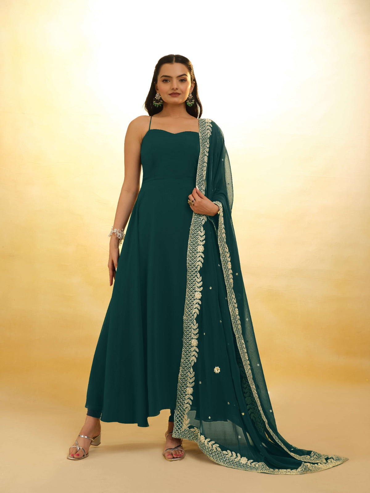 ClothsVilla Teal Color Stylish Turquoise Georgette Dress with Embroidery – Ready to Wear