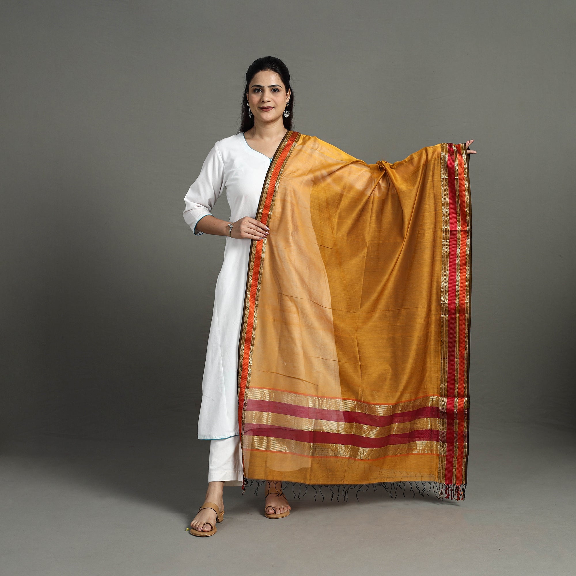 ITOKRI CRAFTS INITIATIVE Brown - Handloom Silk Cotton Resham Border Maheshwari Dupatta 26