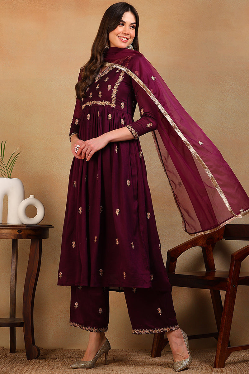 Ahika Purple Silk Blend Solid Embroidered Flared Empire Suit Set PKSKD2146
