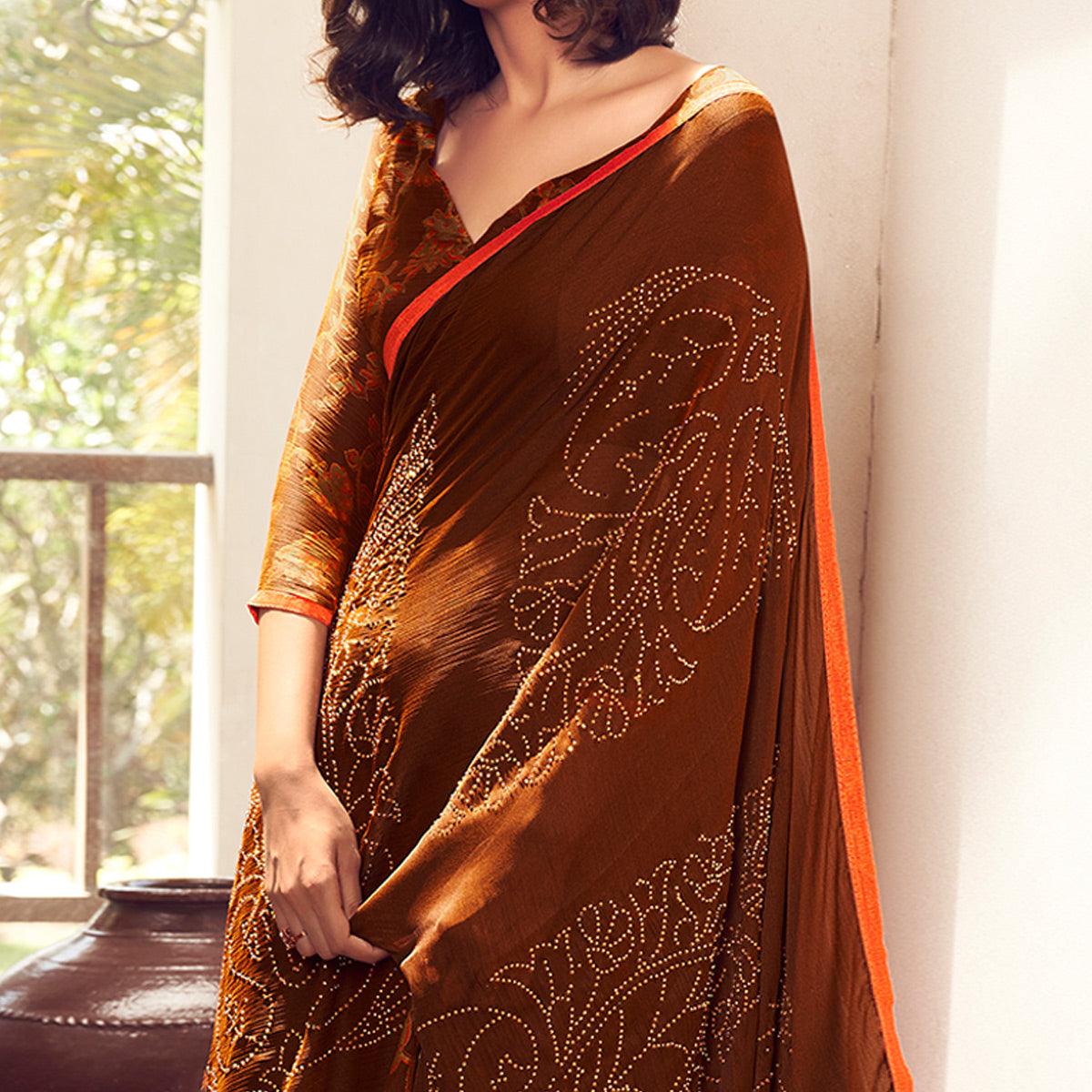 Peachmode Brown Casual Wear Printed Velvet Chiffon Saree - view 2
