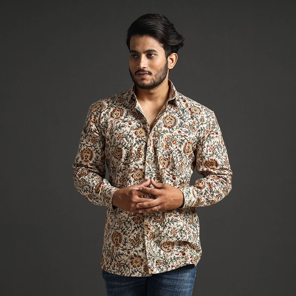ITOKRI CASUALS Beige - Premium Pedana Kalamkari Block Printed Cotton Men Full Sleeve Shirt
