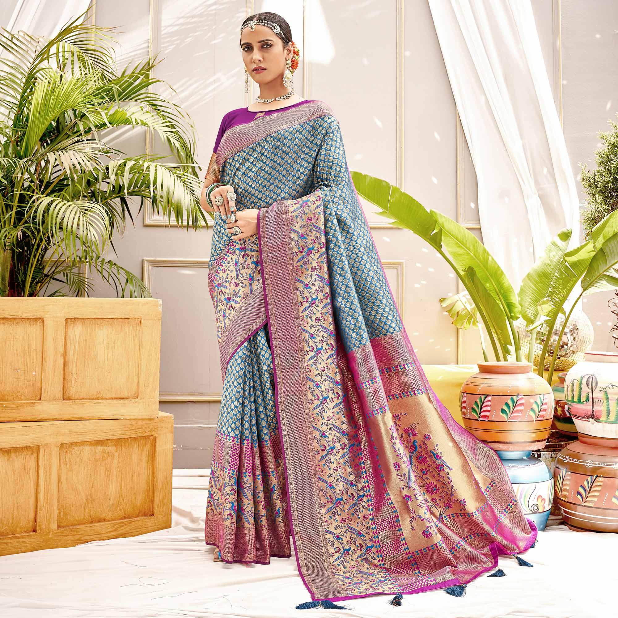 Peachmode Blue Woven Art Silk Saree – Women's - view 2