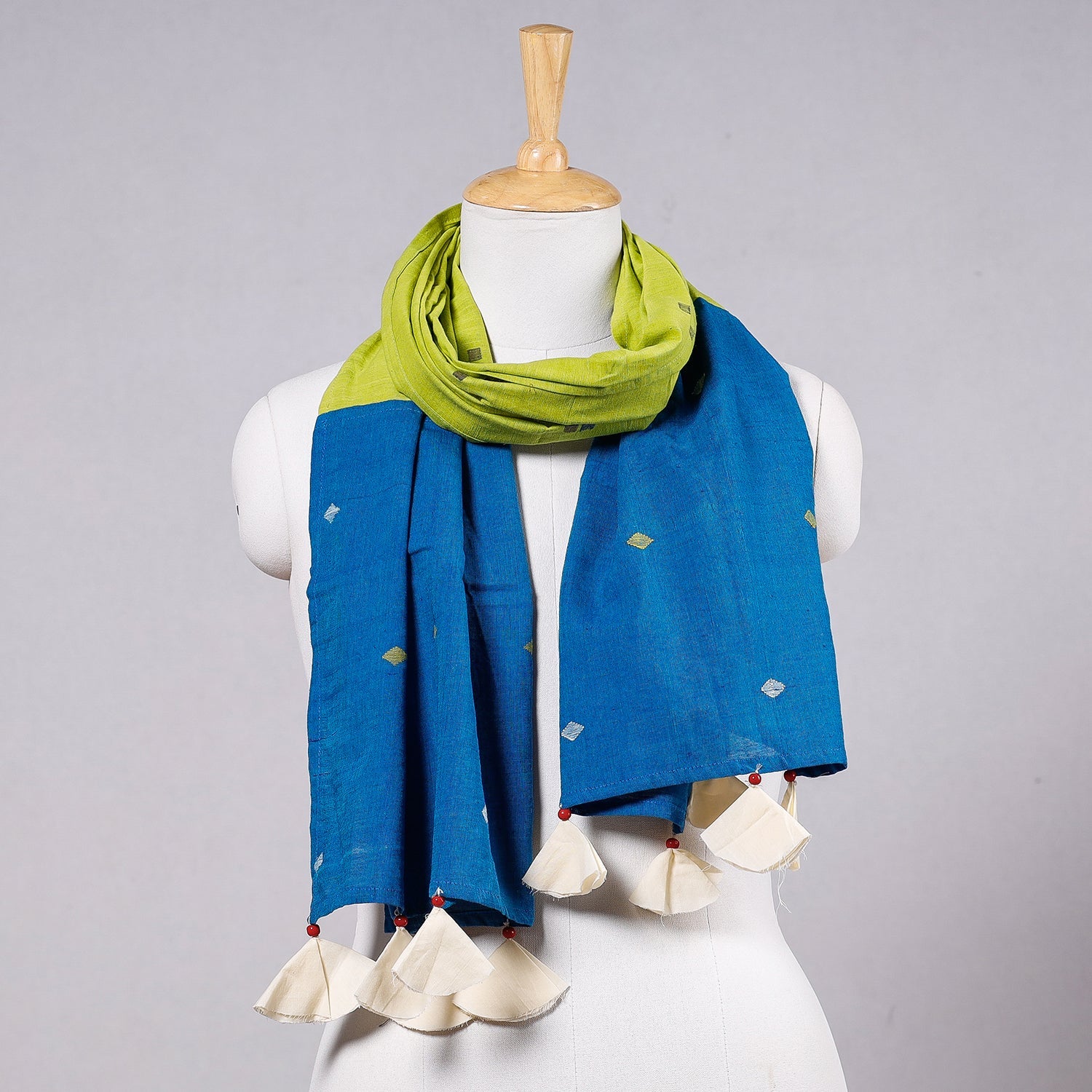 STOLES & SCARVES Blue - Godavari Jamdani Buti Patchwork Cotton Stole with Tassels