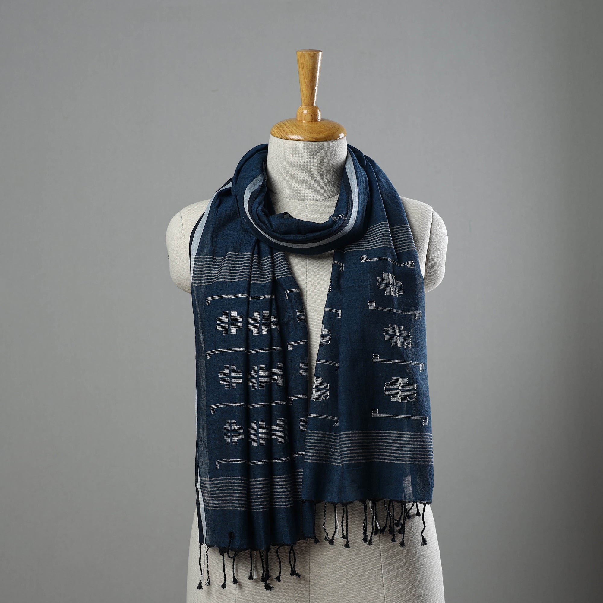 KHUSHBASH - HAPPY LOOM OF EAST Blue - Burdwan Jamdani Cotton Handloom Stole with Tassels 29