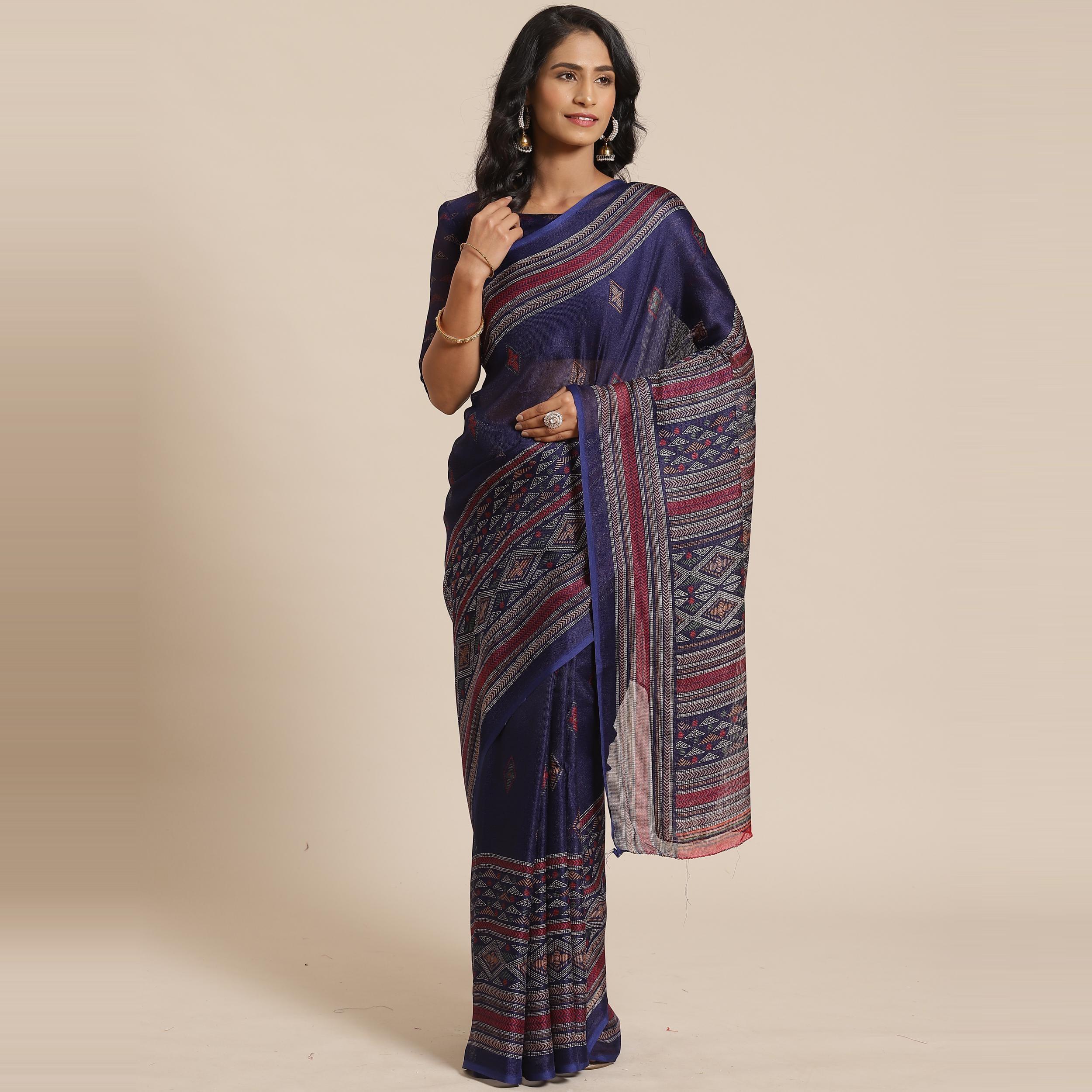 Peachmode Engrossing Navy Blue Colored Casual Wear Printed Jute Silk Saree