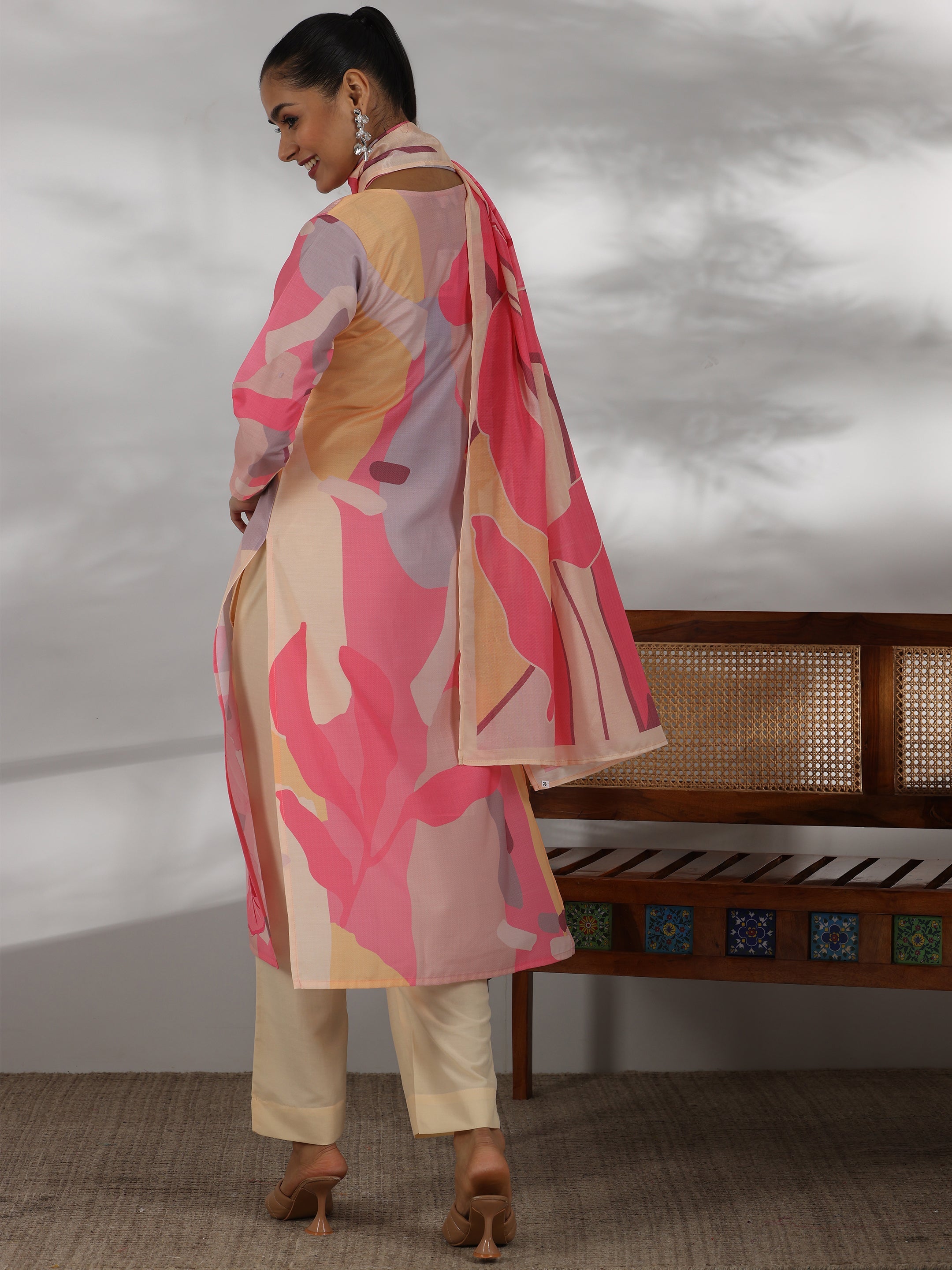 Libas Cream Printed Cotton Blend Straight Suit With Dupatta - view 3