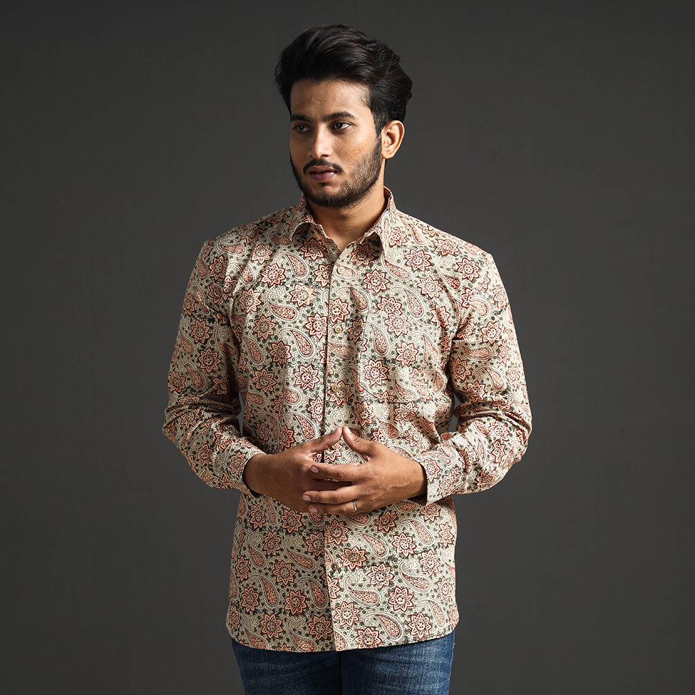 ITOKRI CASUALS Beige - Premium Pedana Kalamkari Block Printed Cotton Men Full Sleeve Shirt