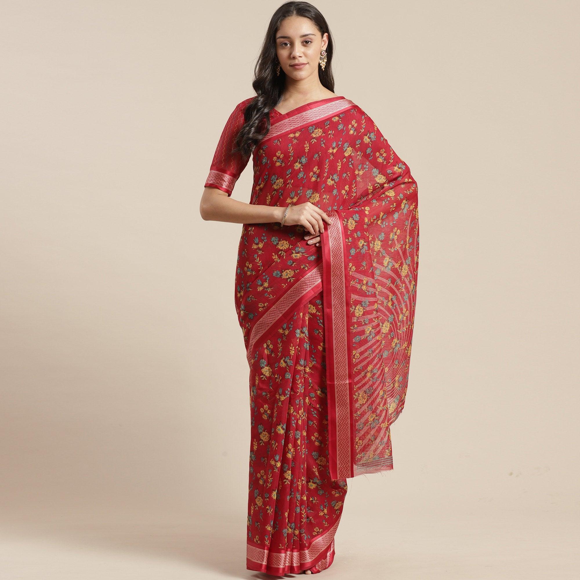 Peachmode Ideal Red Colored Casual Wear Floral Printed Cotton Silk Saree