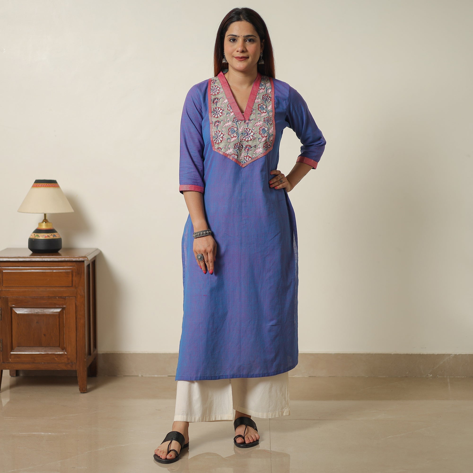 ITOKRI CASUALS Blue - Dharwad Cotton Straight Kurta with Sanganeri Patchwork 02 - view 2
