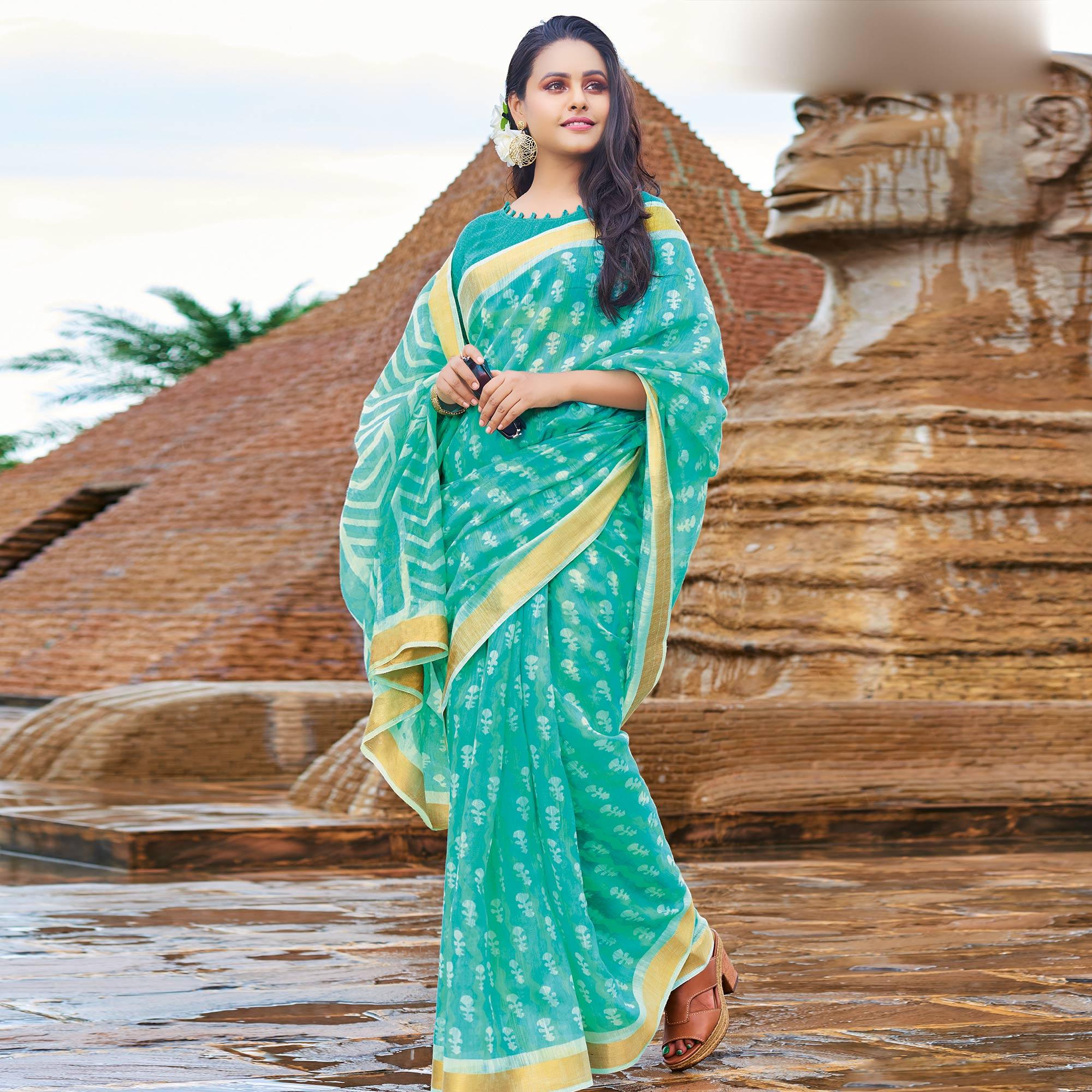 Peachmode Mesmeric Turquoise Green Colored Casual Wear Printed Cotton Saree