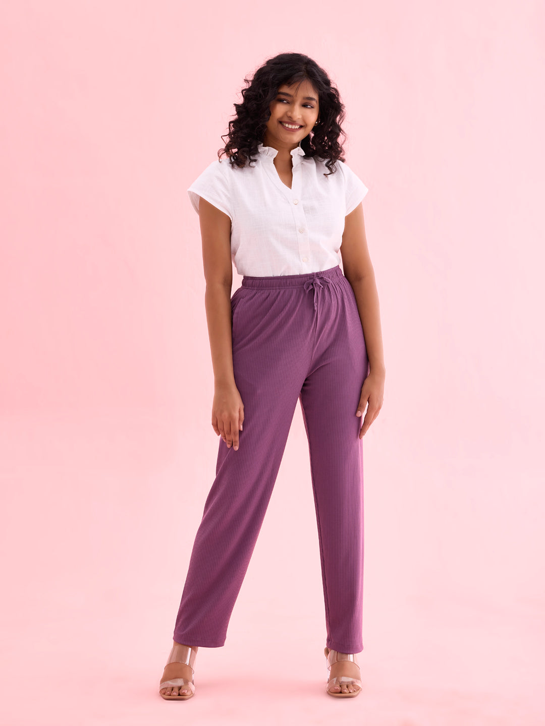 Go Colors Women Solid Purple Mid Rise Casual Rib Pants - view 5