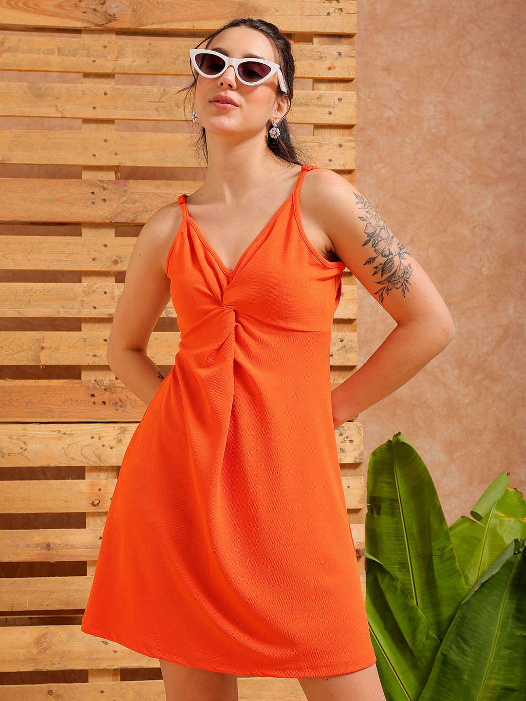 Freehand by The Indian Garage Co Women's Orange Fit and Flare Textured Casual Slip Dress