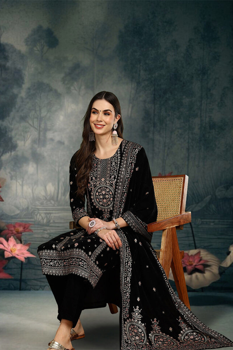 Ahika Black Velvet Ethnic Motifs Printed Straight Suit Set PKSKD2768