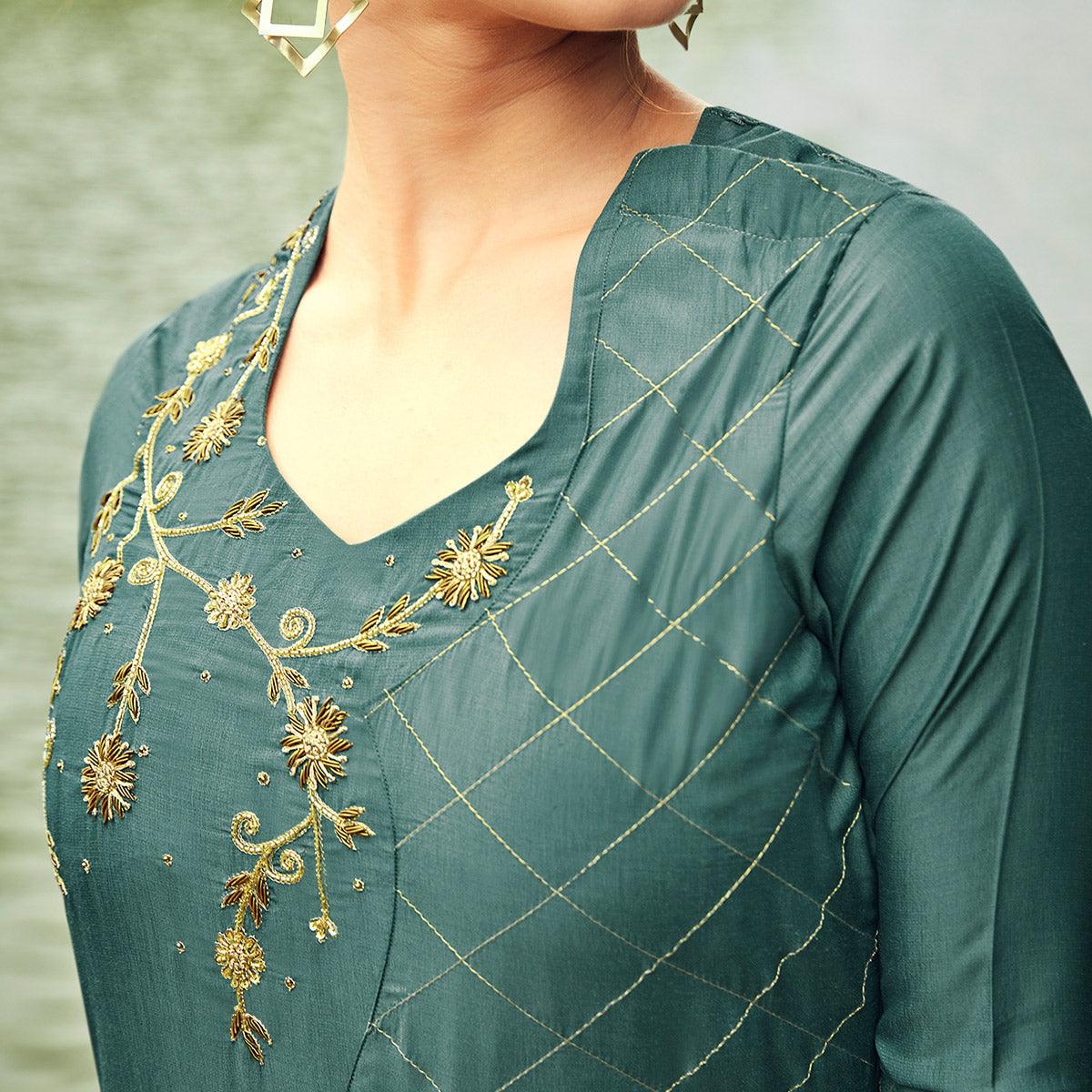 Peachmode Seller Lovely Teal Grey Colored Partywear Hand Embroidered Muslin Silk Kurti-Palazzo Set - view 4