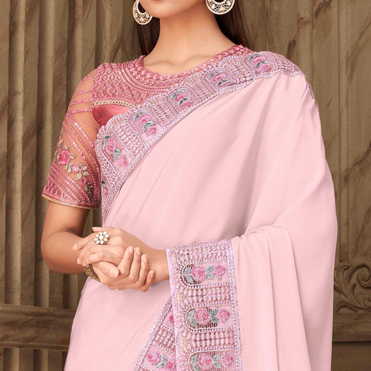 Peachmode Light Pink Partywear Sequins Embroidered Silk Saree - view 2