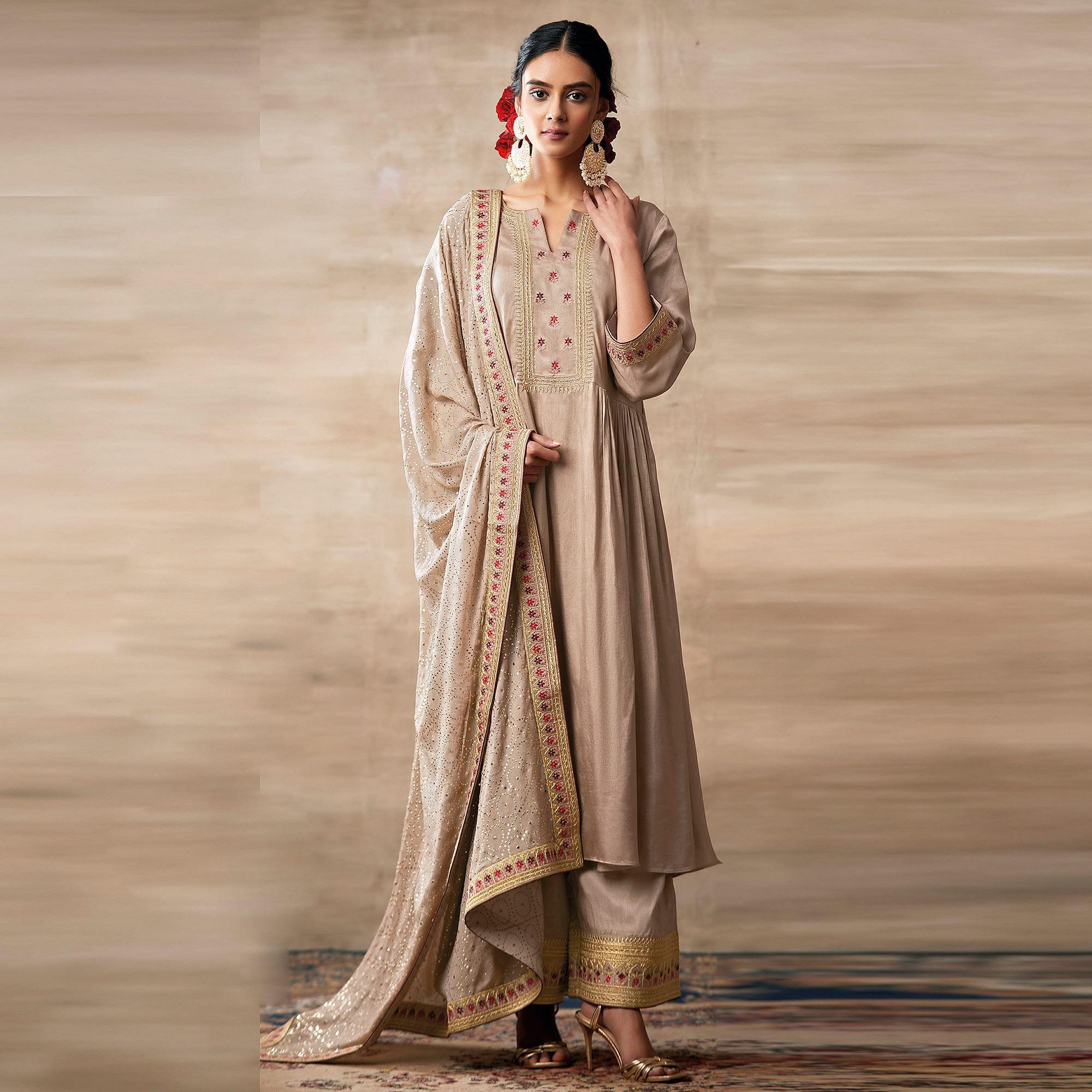 Peachmode Glorious Cream Colored Partywear Designer Embroidery Heavy chinon Salwar Suit