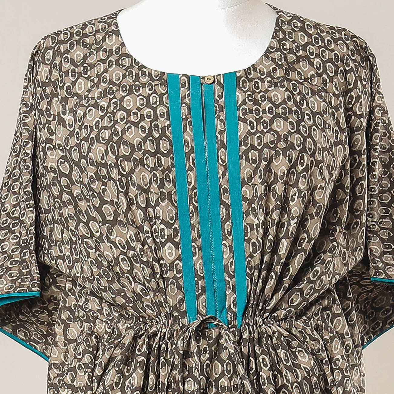 THE SAFFRON SAGA Brown - Pipad Hand Block Printed Cotton Kaftan with Tie-Up Waist (Long) - view 2