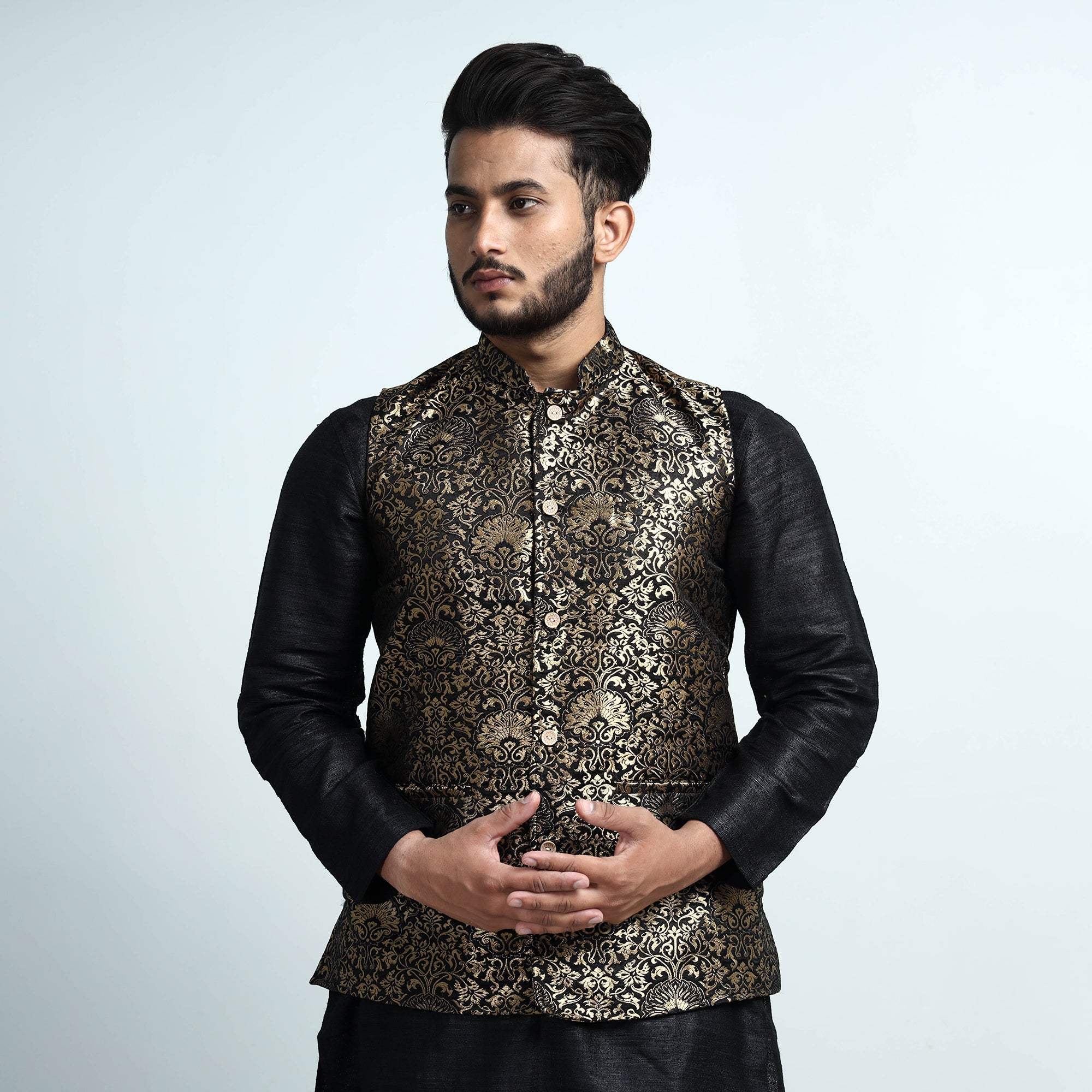 ITOKRI CASUALS Black - Banarasi Brocade Silk Nehru Jacket