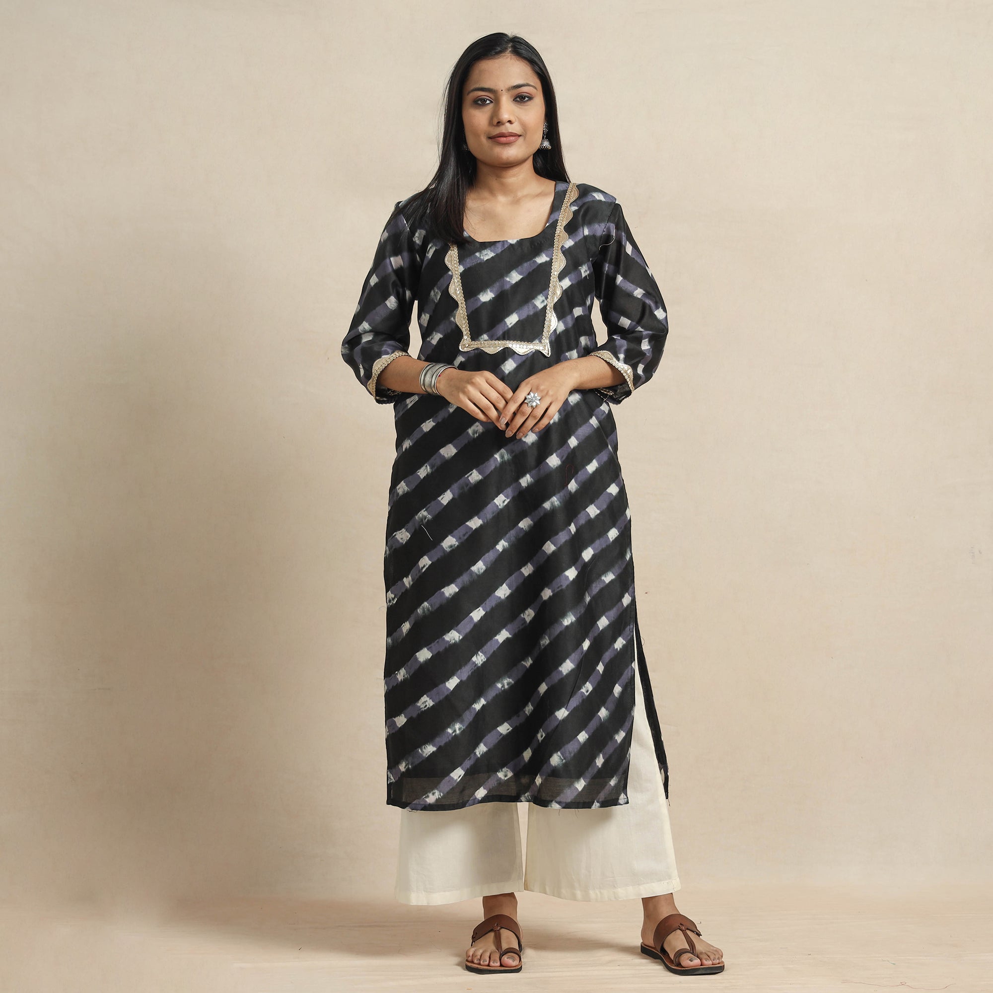 ITOKRI CASUALS Black - Leheriya Tie-Dye Chanderi Silk Straight Kurta with Lace Work - view 2