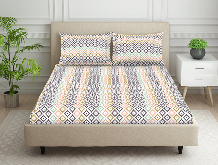 Spaces India Geometric Pink Polycotton Fitted Queen Harmony - By Welspun