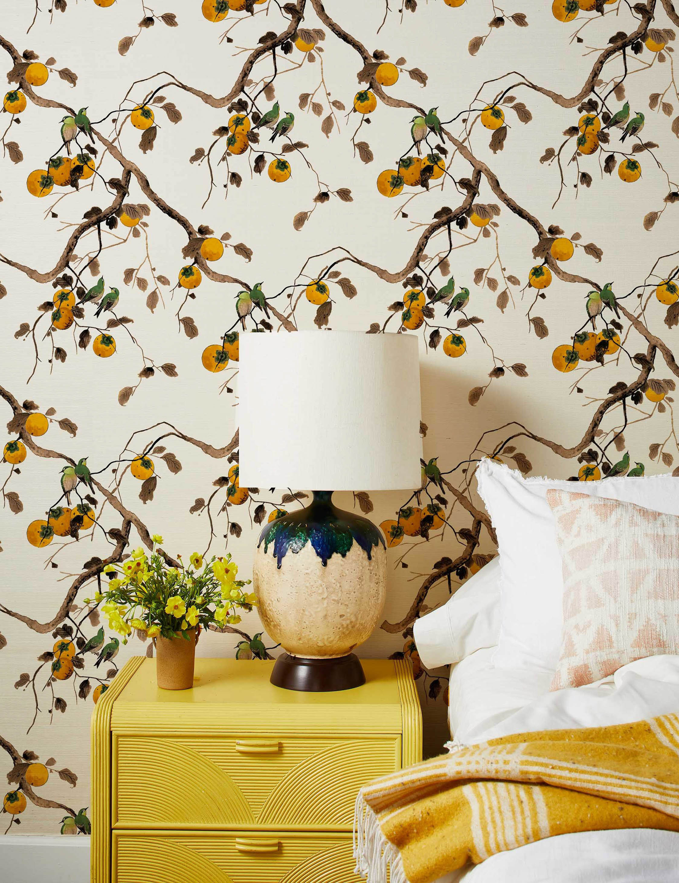 Lulu and Georgia Persimmon Birds Grasscloth Wallpaper by Nathan Turner