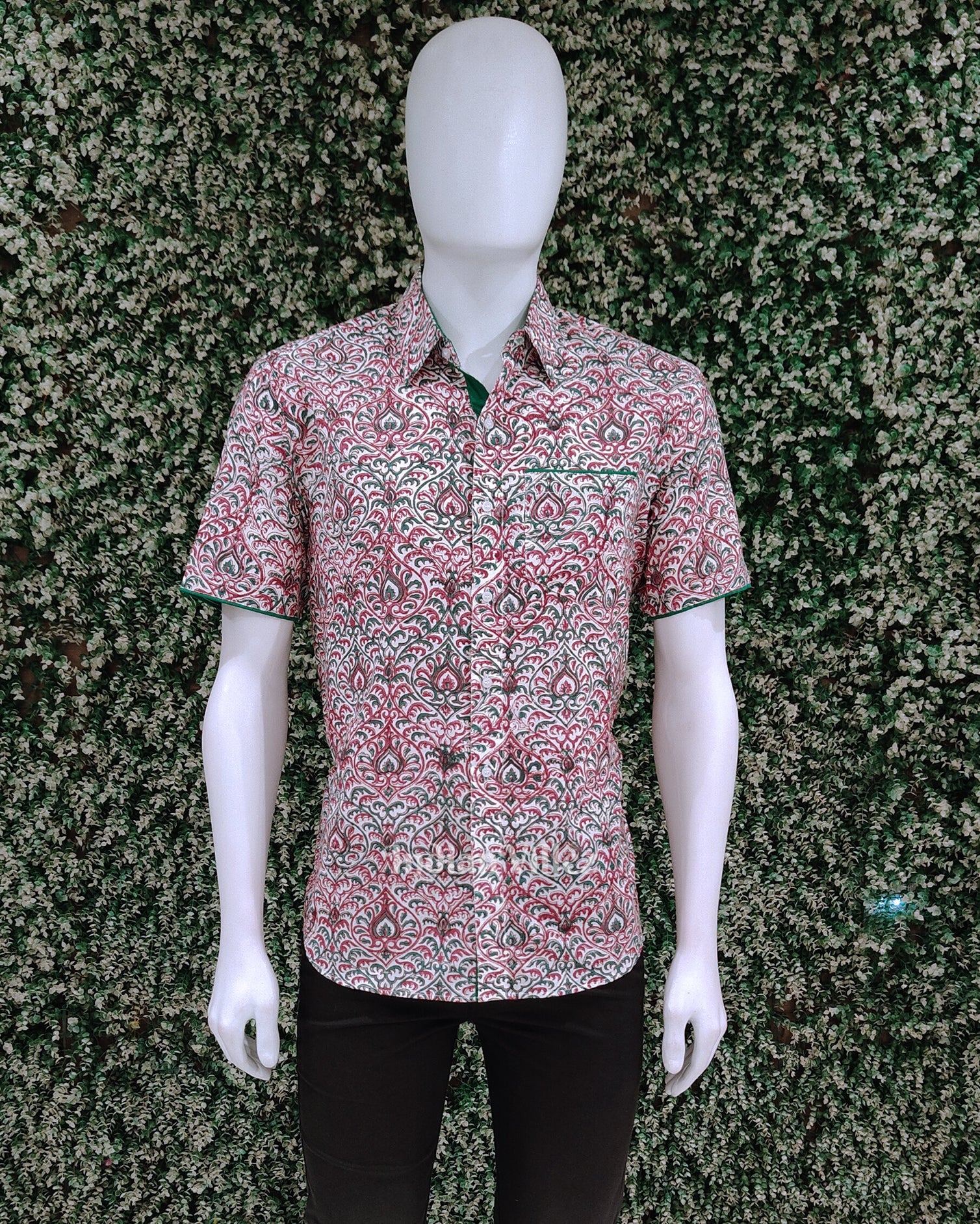 IndianVillèz Red Green Design Block Printed Half Sleeve Shirt for Men