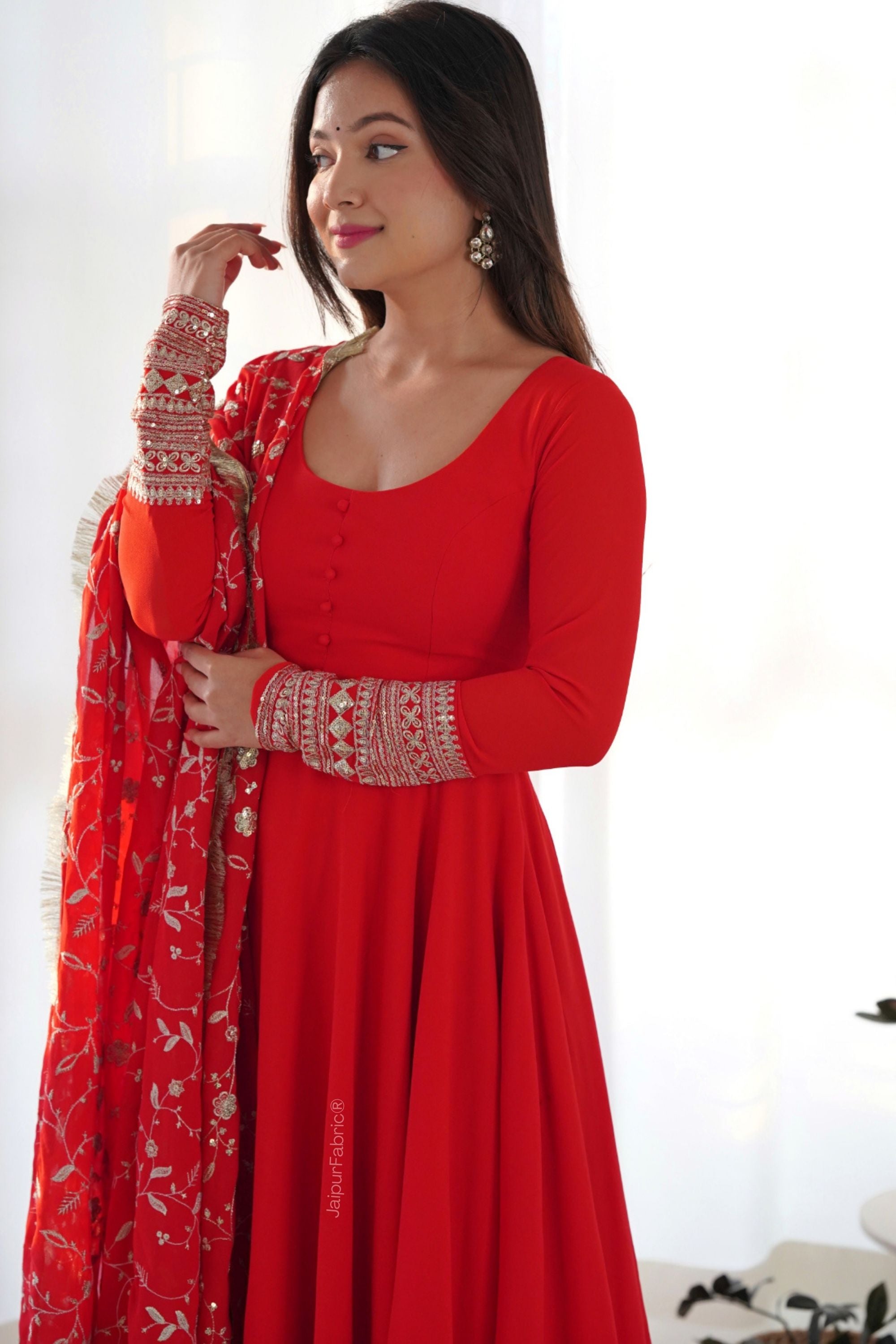 JaipurFabric® Red Readymade Anarkali Suit In Georgette