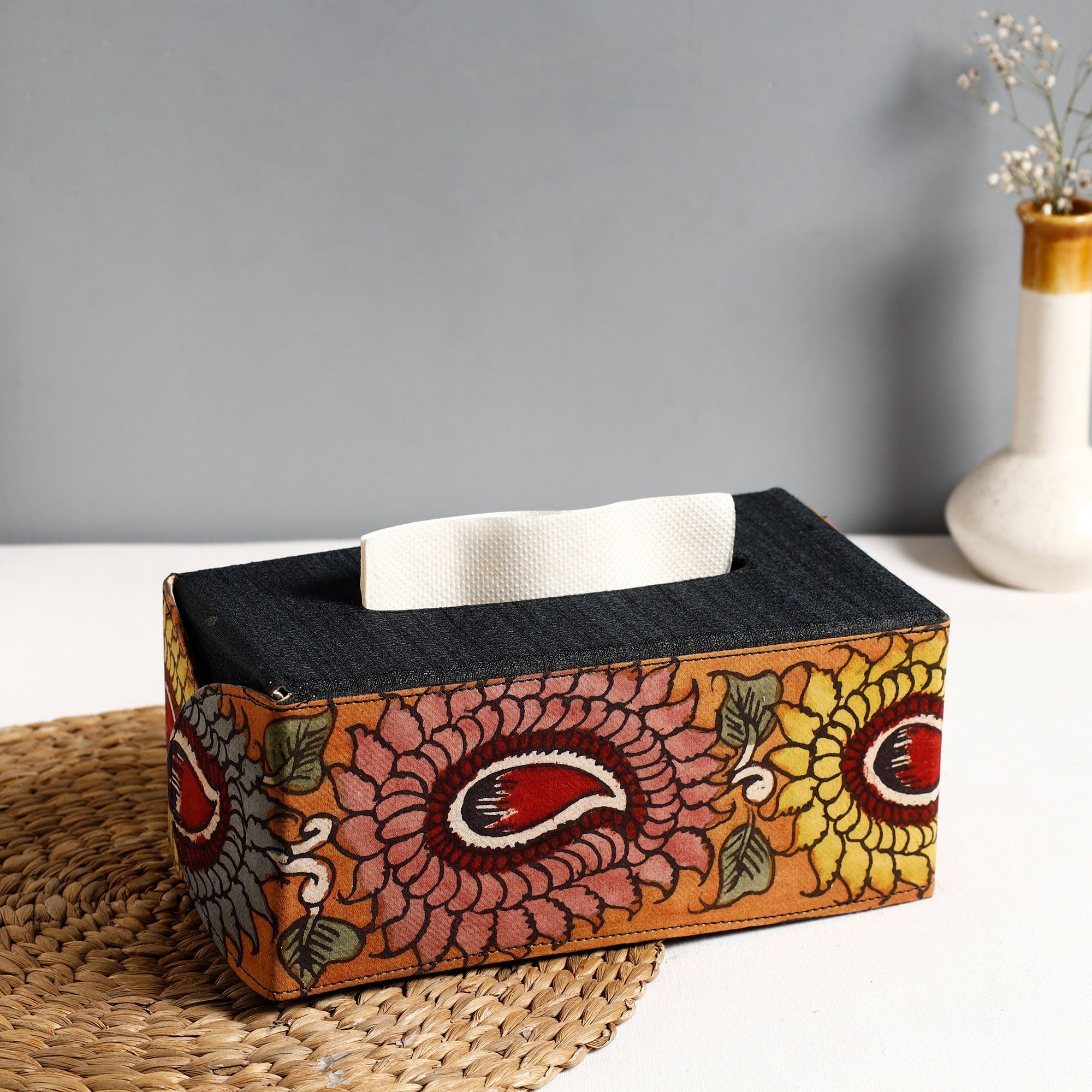 DWARAKA PLUS Black - Handpainted Kalamkari Natural Dyed Cotton Tissue Box