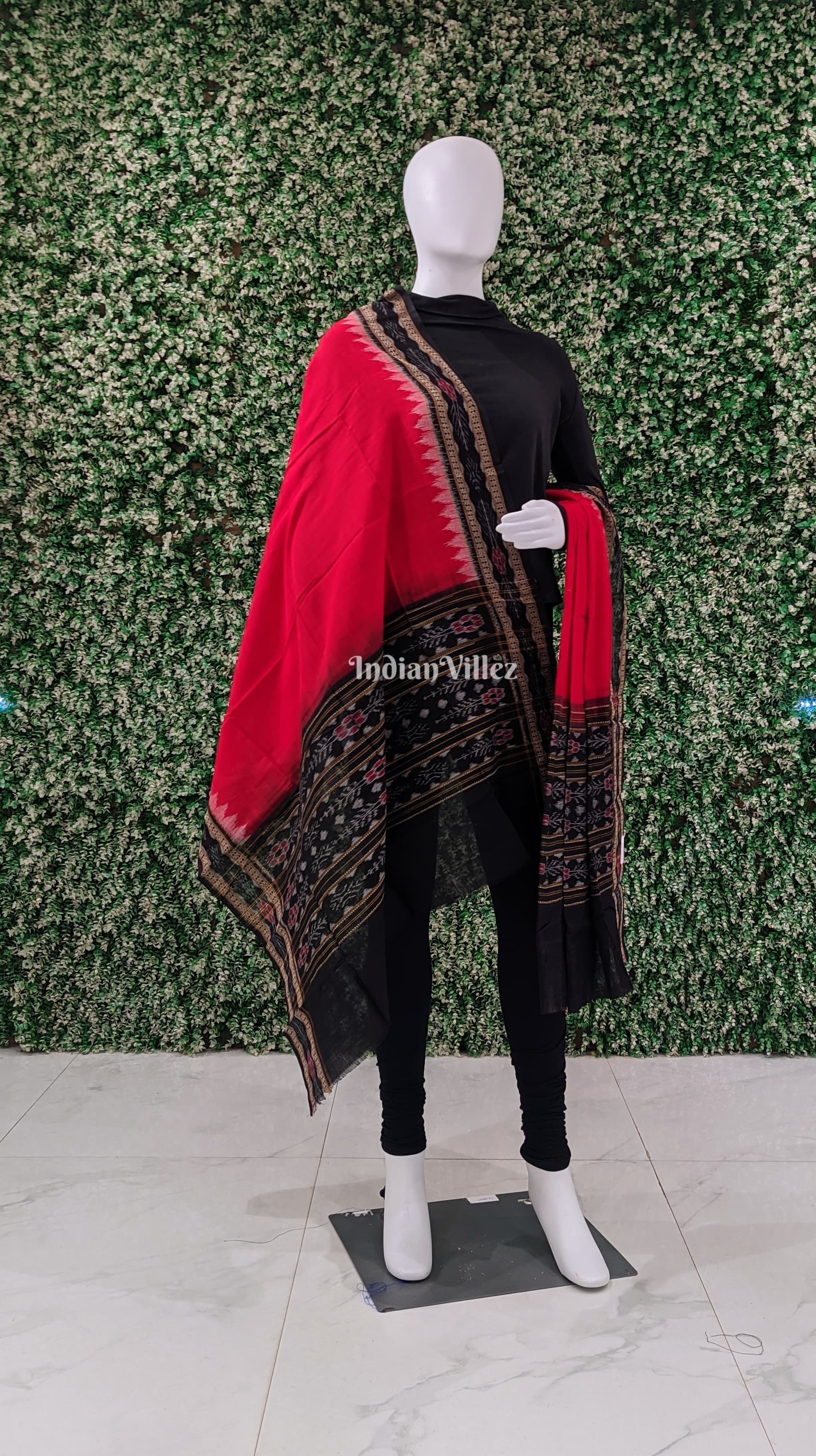 IndianVillèz Red Black Handwoven Odisha Ikat Cotton Dupatta