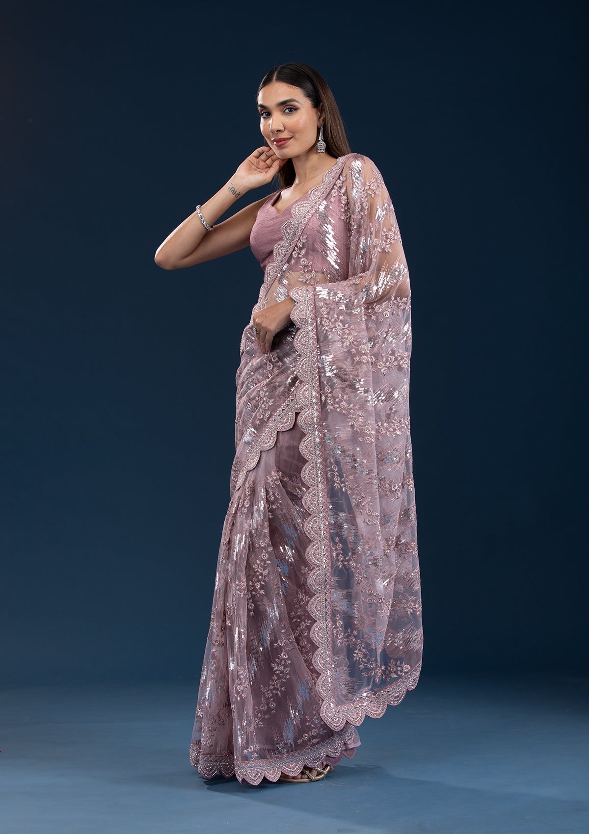 Koskii Onion Pink Sequins Net Saree – Women's - view 3