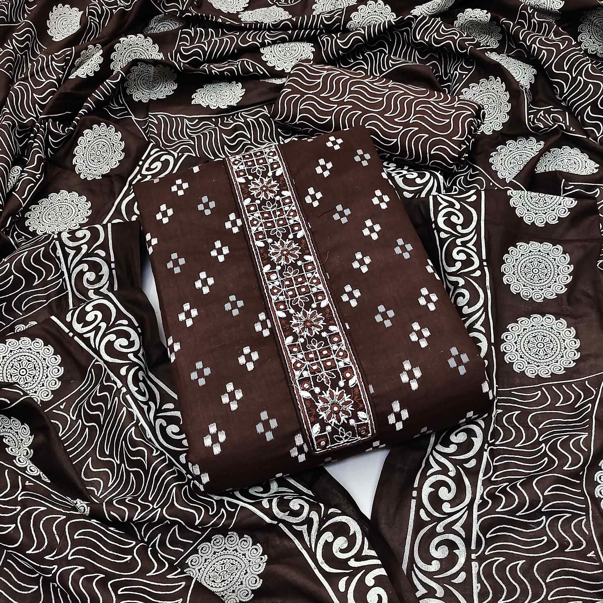Peachmode Coffee Printed With Embroidered Cotton Blend Dress Material
