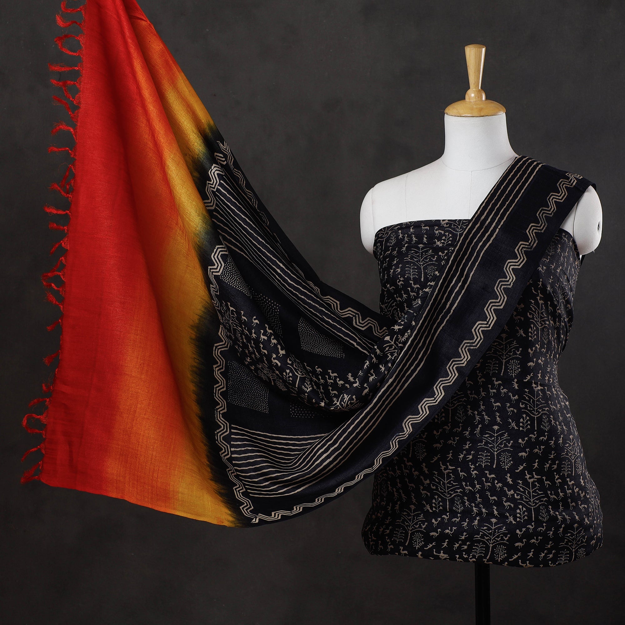 HAVELI CHRONICLES Black - 2pc Block Printed Tussar Silk Handloom Suit Material Set