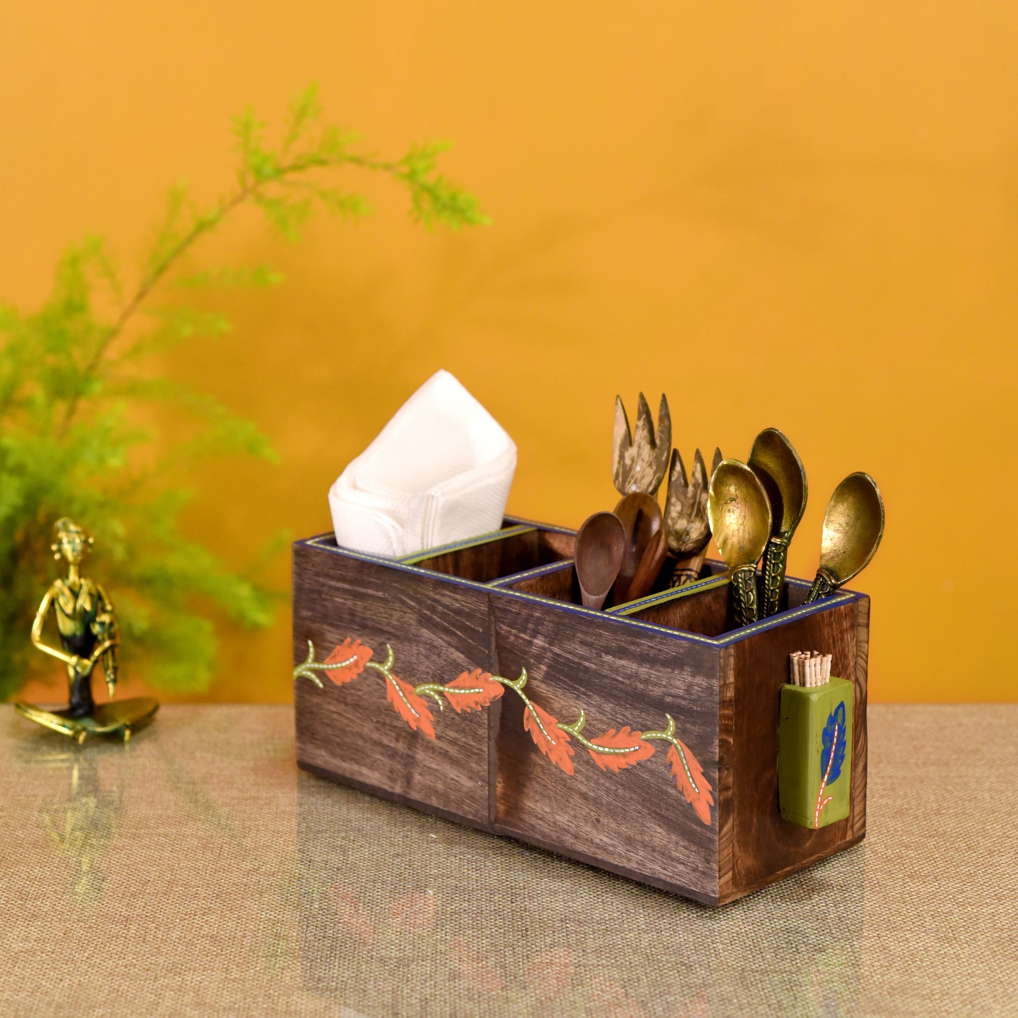 ART CREATIONS BY SUMAN SONTHALIA Brown - Autumn Leaf Cutlery Stand Handcrafted in Wood