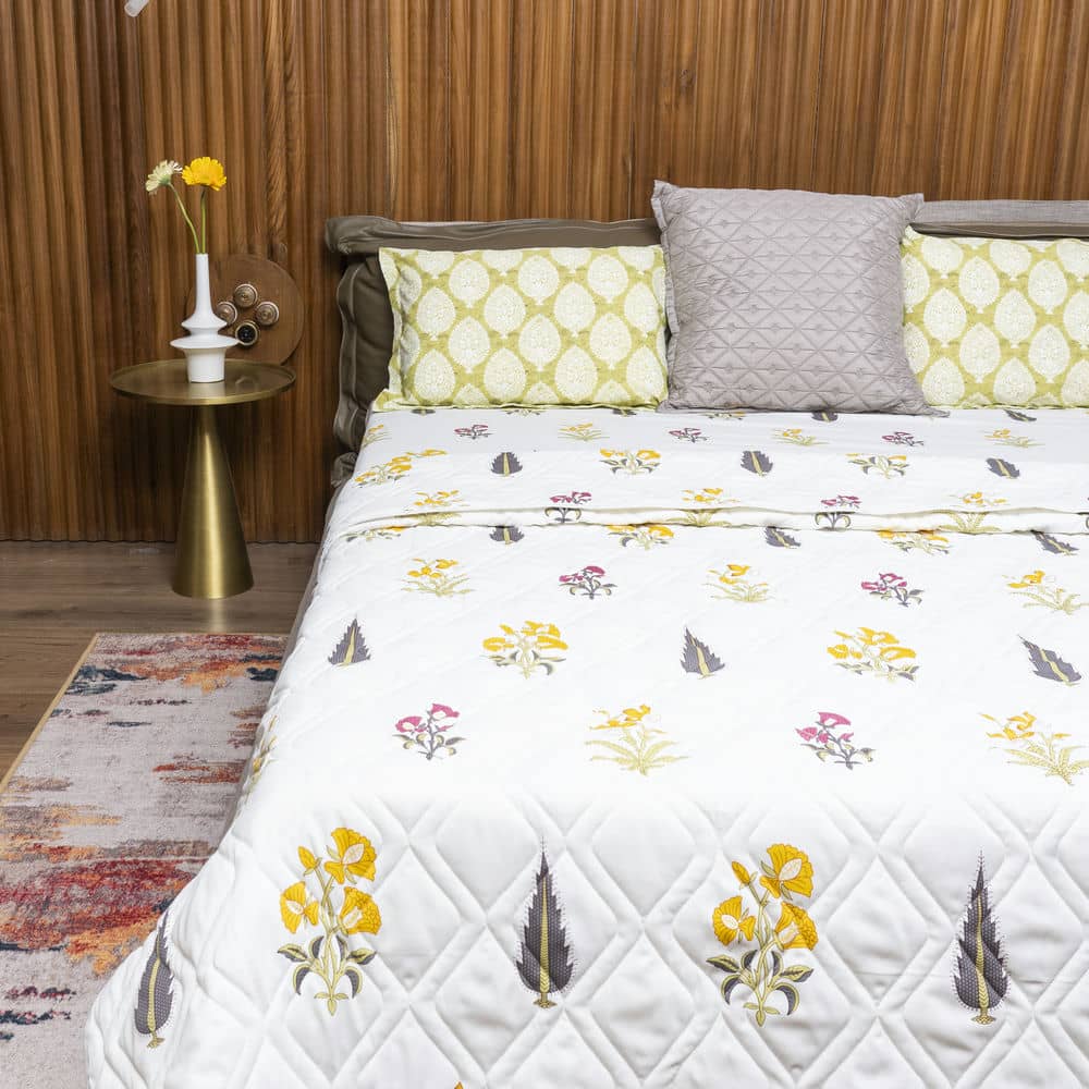 Urban Space -Home Furnishing Store Cotton Bedsheet + AC Blanket Combo Pack - (Combo 11 - High Garden Yellow + High Garden Yellow)