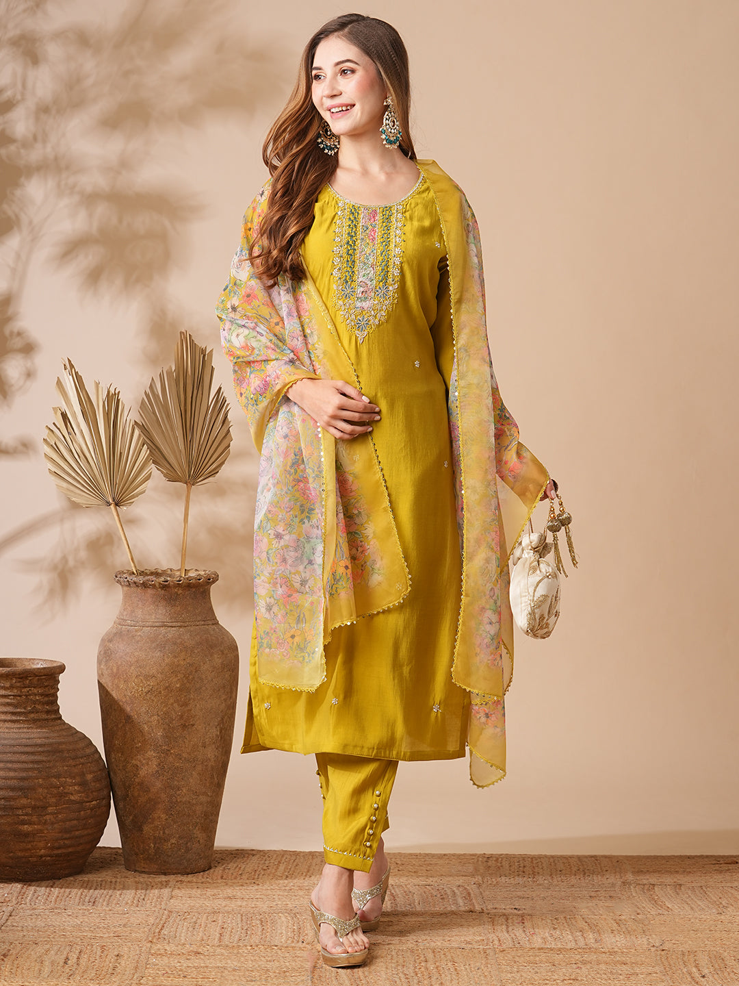 Fashor Solid Zardozi, Mirror & Stone Embroidered Kurta with Pants & Floral Dupatta - Lime Green - view 3