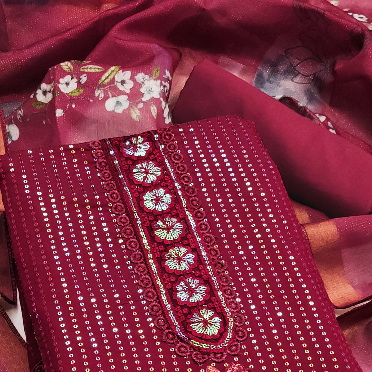 Peachmode Maroon Floral Sequins Embroidery Cotton Roman Silk Dress Material - view 2