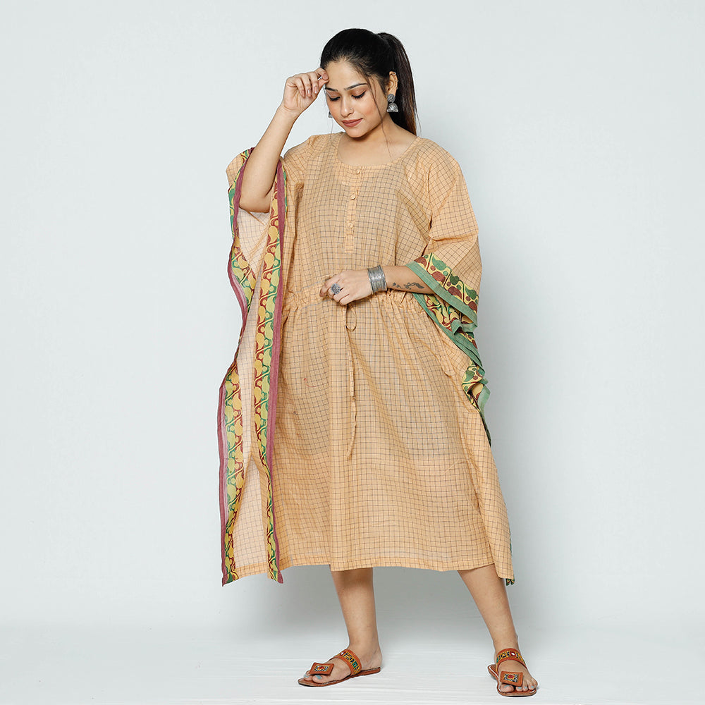 ITOKRI CASUALS Beige - Kanchipuram Checks Cotton Kaftan with Tie-Up Waist (Medium)