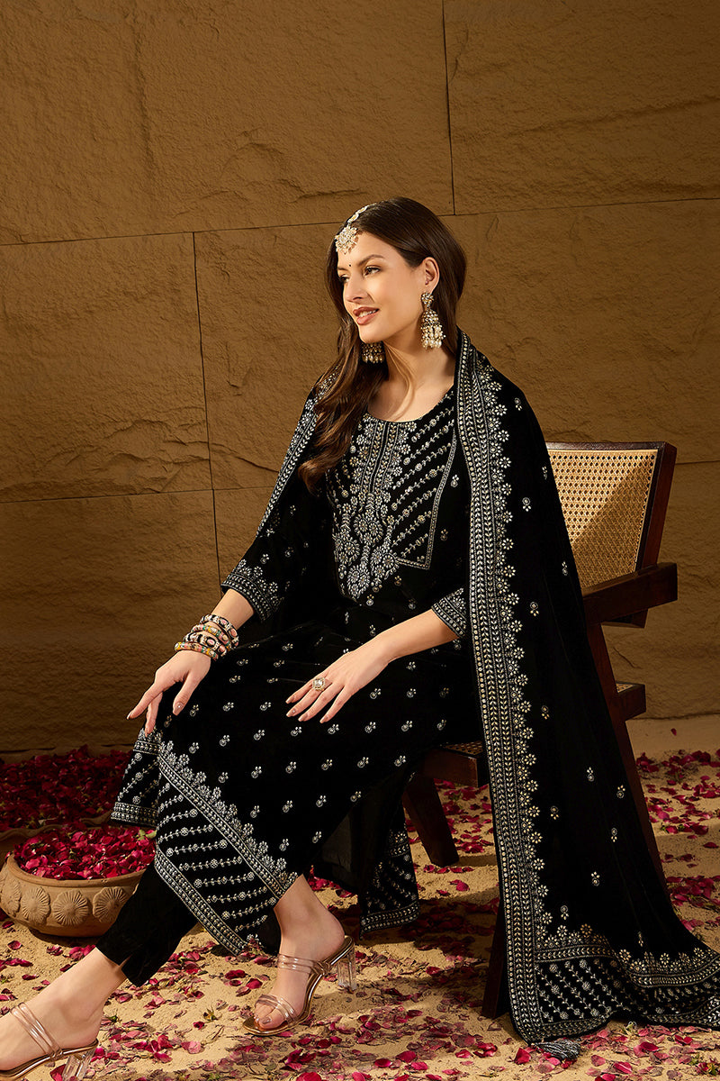 Ahika Black Velvet Ethnic Motifs Printed Straight Trousers Suit Set PKSKD2922 - view 2