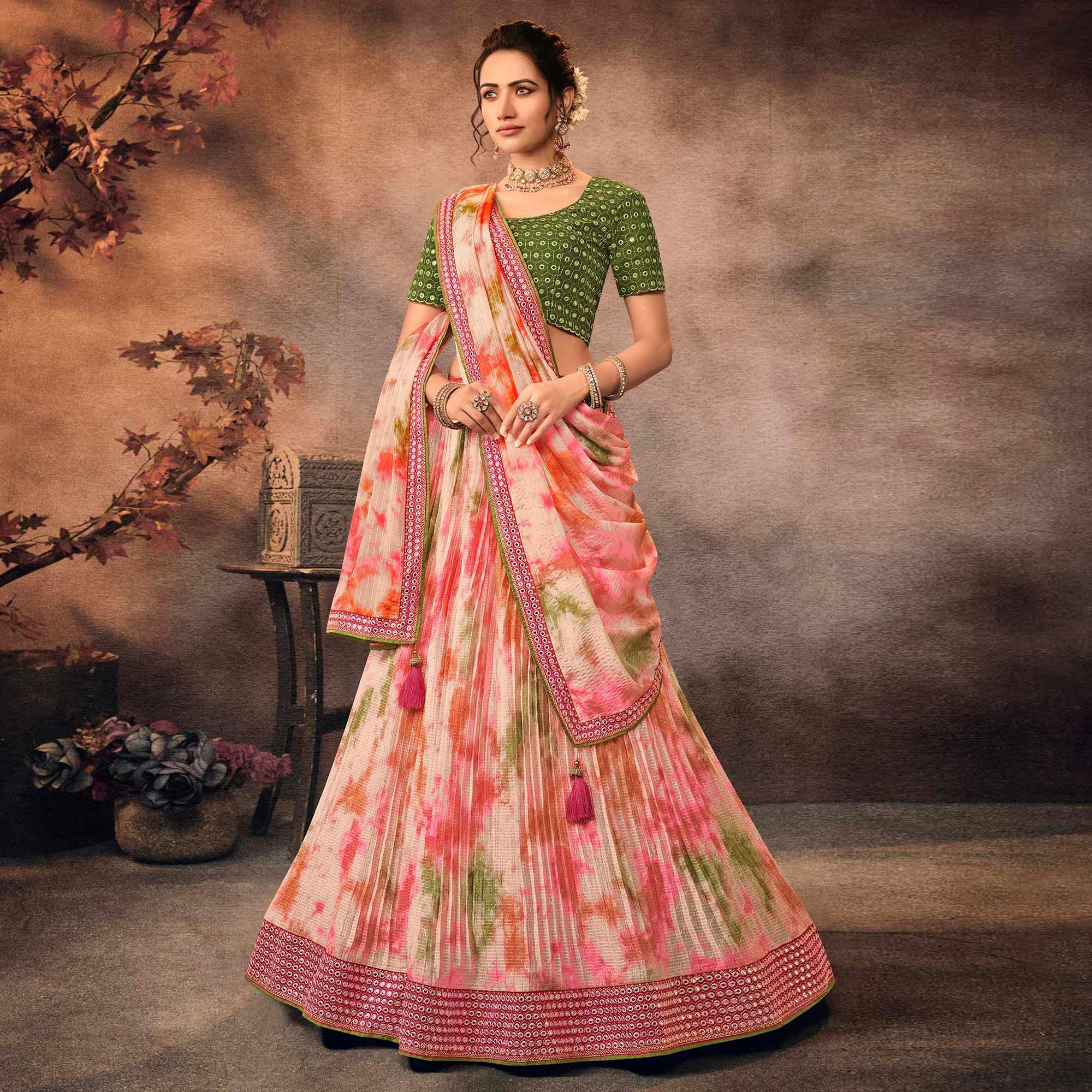 Peachmode Multicolor Digital Printed-Embellished Chiffon Lehenga Choli - view 2