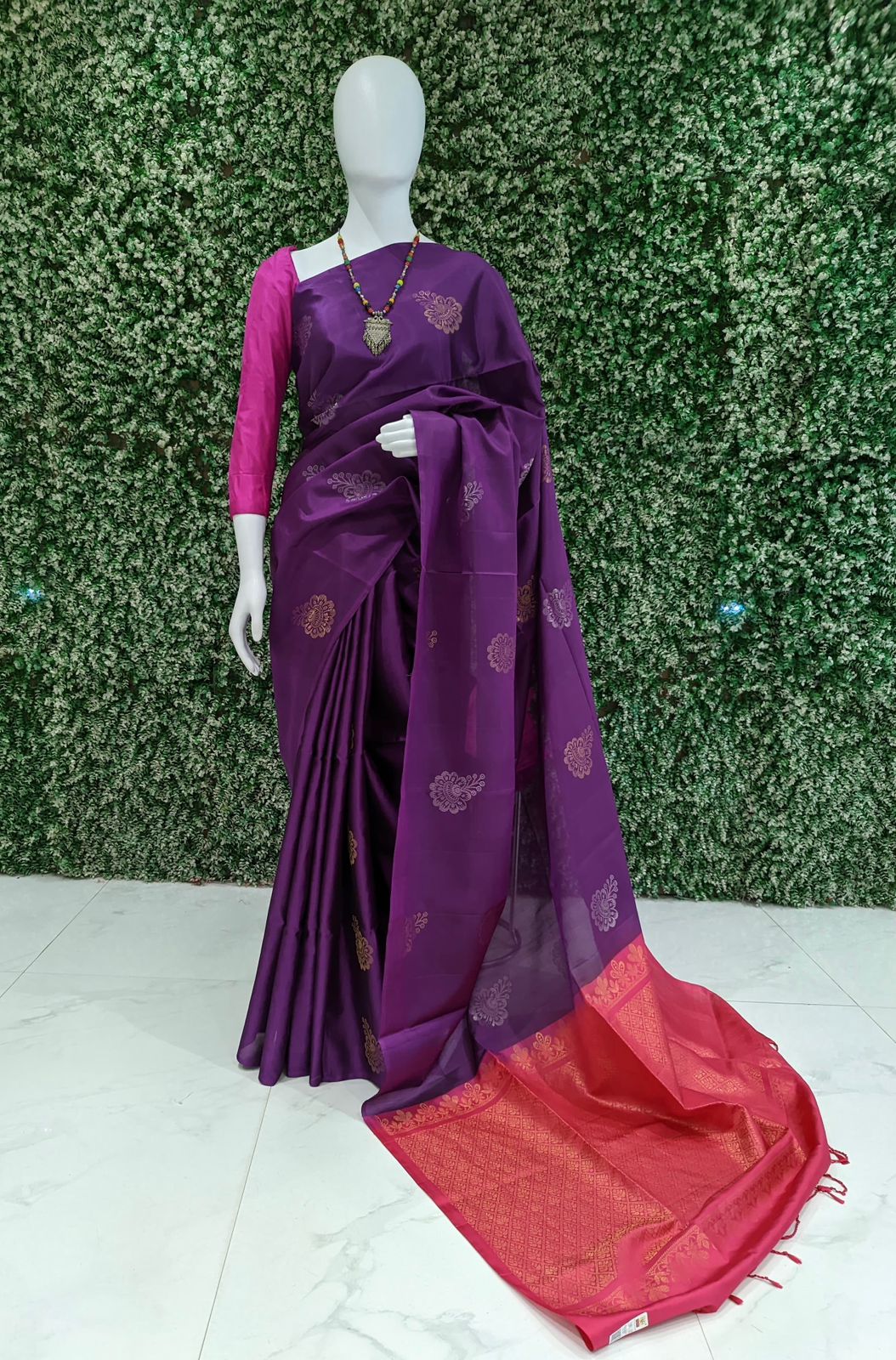 IndianVillèz Purple With Pink Pure Kanjivaram Soft Silk Saree