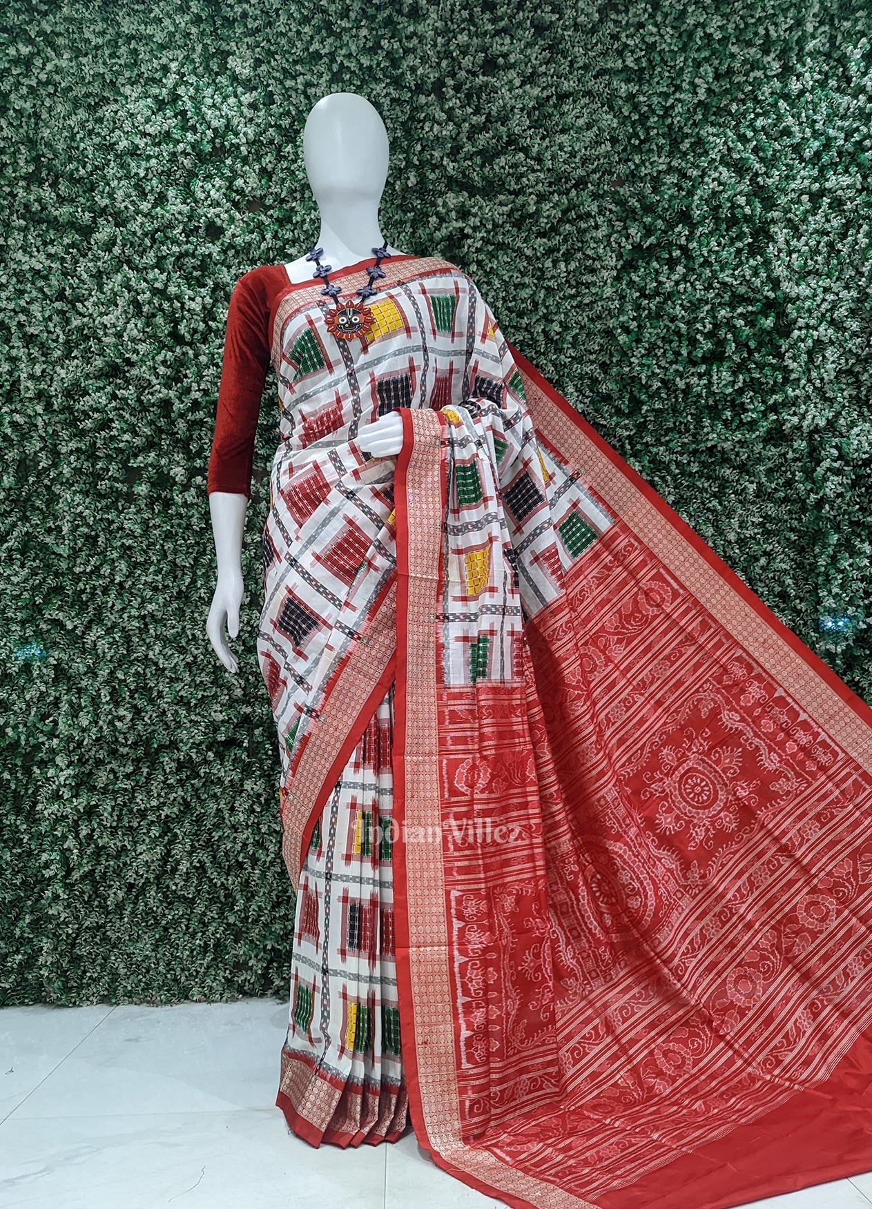 IndianVillèz White with Multicolor Ashwini Odisha Ikat Sambalpuri Silk Saree