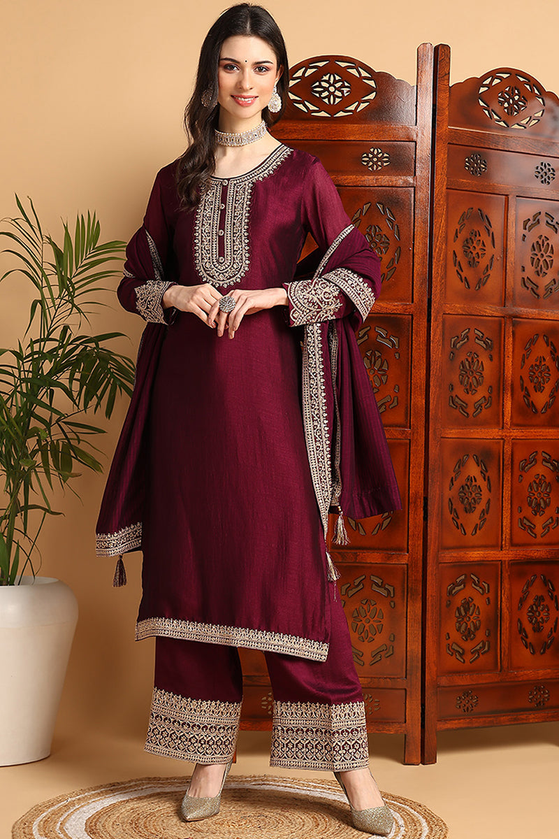 Ahika Wine Silk Blend Solid Embroidered Straight Palazzo Bottom Suit Set PKSKD2264