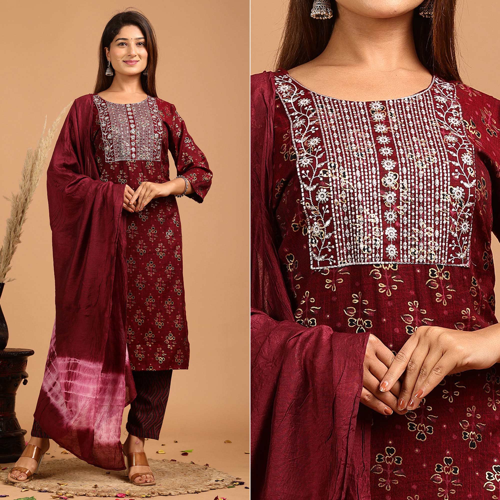 Peachmode Seller Maroon Printed With Embroidered Rayon Salwar Suit