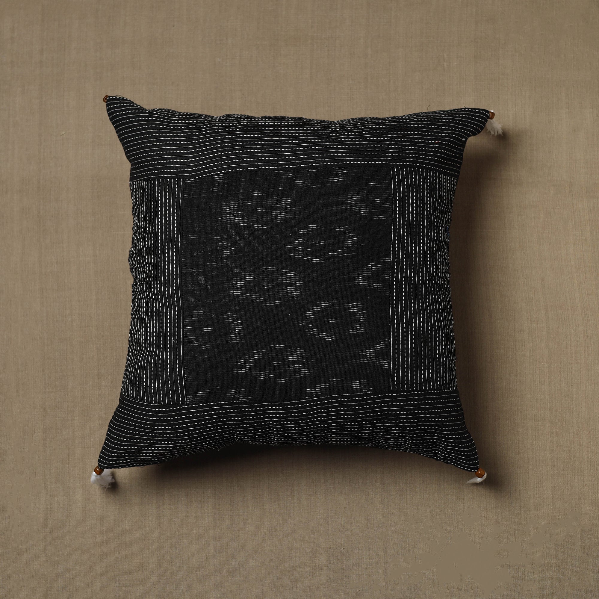 NOORI BAZAR Black - Kantha Stitch Ikat Cotton Cushion Cover (16 x 16 in) 26