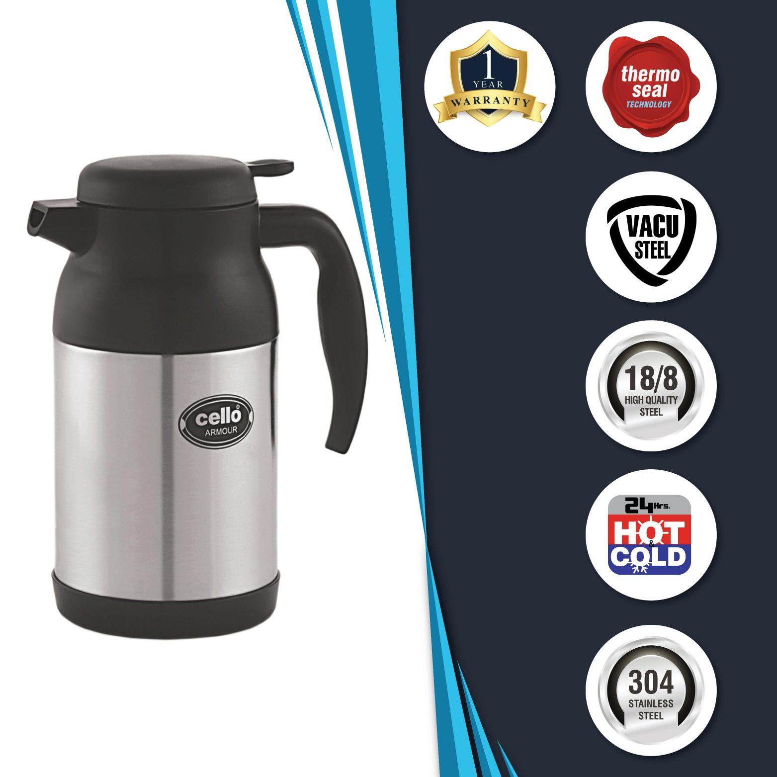 Cello Armour Double Walled Vacuum Insulated Carafe, 1200ml - view 3