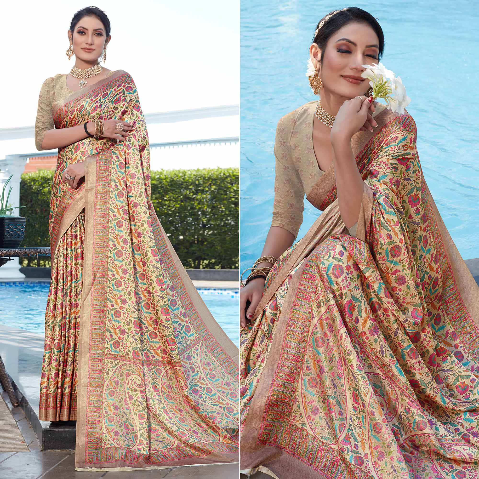 Peachmode Cream Digital Printed Pashmina Saree