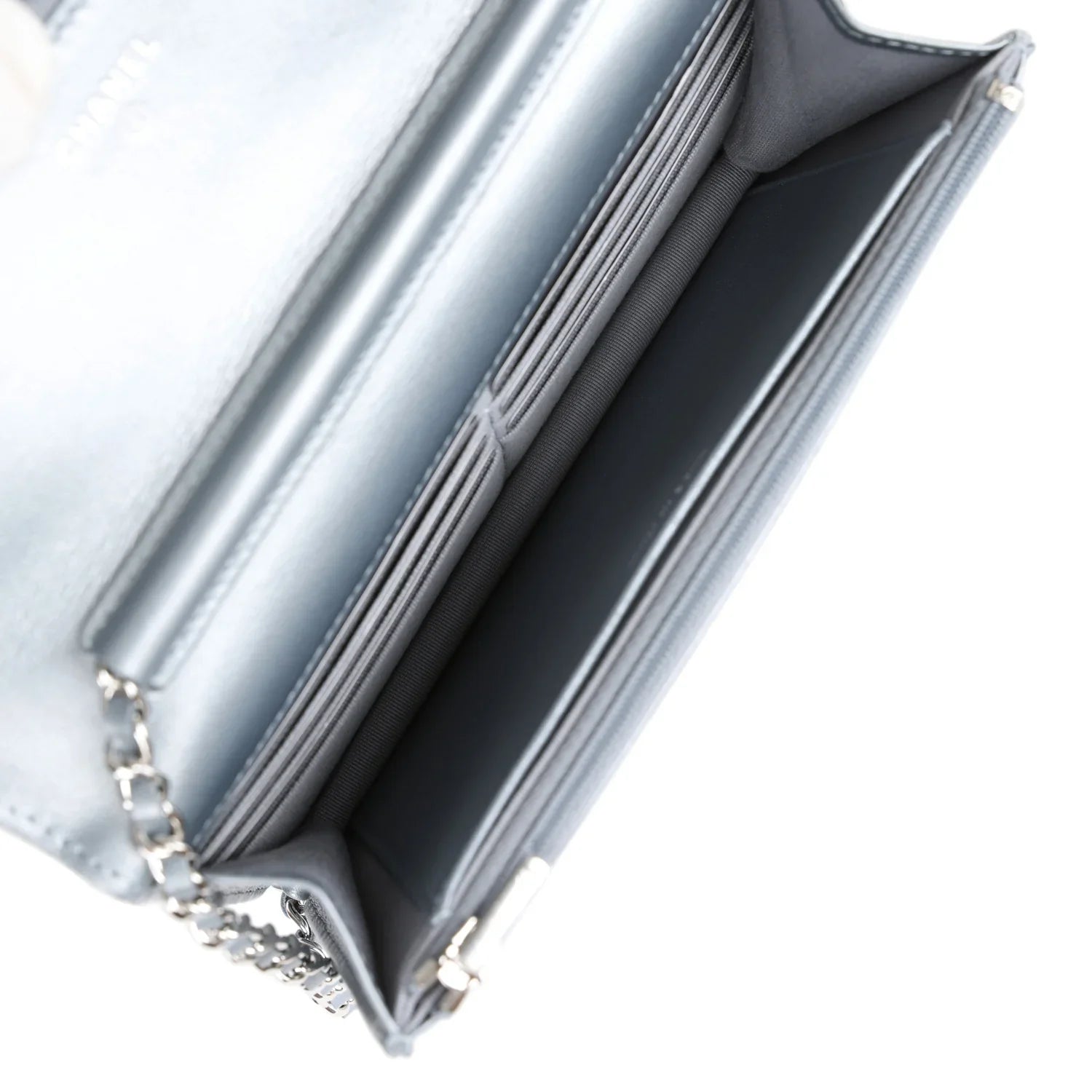 Cop Underdog Chanel Wallet On Chain WOC Silver Metallic Lambskin Silver Hardware - view 7